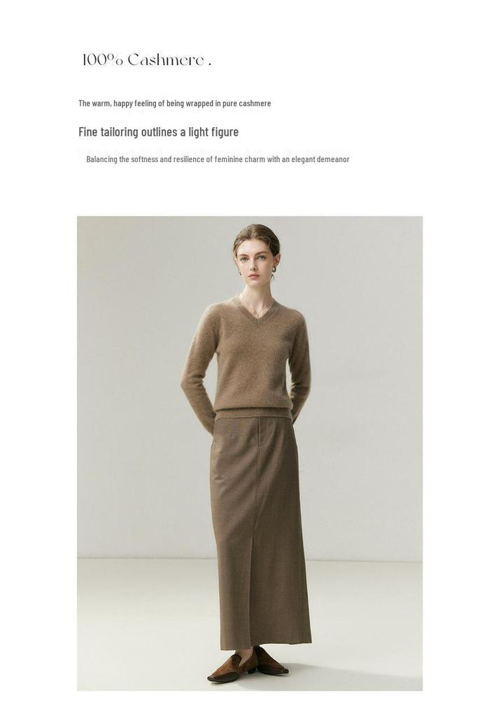 Women's 100% Cashmere V-Neck Knit Sweater - Warm, Loose, Long Sleeve Pullover for Autumn/Winter