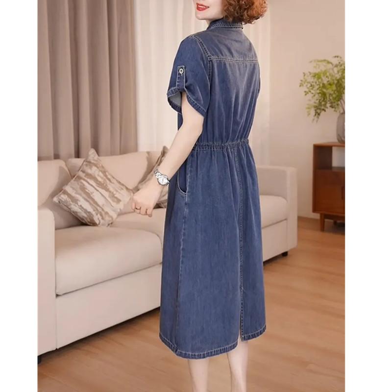Denim-Kleid für Damen Sommer Damen Einreiher Kurzarm Schlank Temperament Lässige Kleider mit Taschen