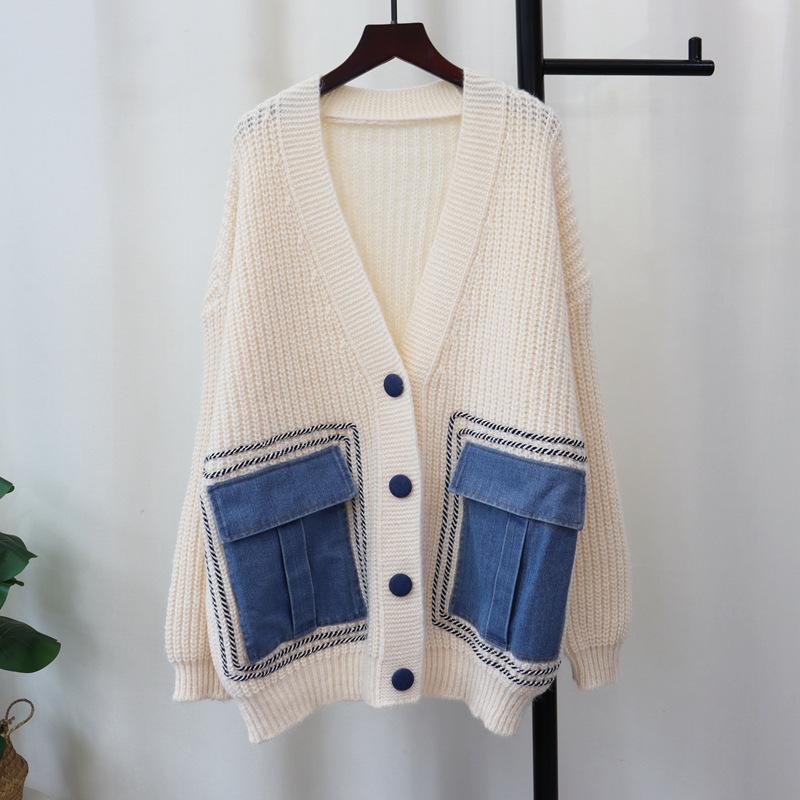 

Autumn and Winter New Loose Splicing Denim Pocket Knitted Cardigan Design Sweater Jacket Women one size fits all