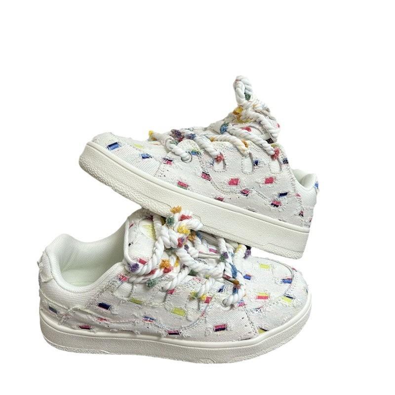 Fairy Bean Rainbow Grid Canvas Board Shoes Women's Summer Breathable Platform White Student Shoes Versatile Niche Sports and Leisure Shoes