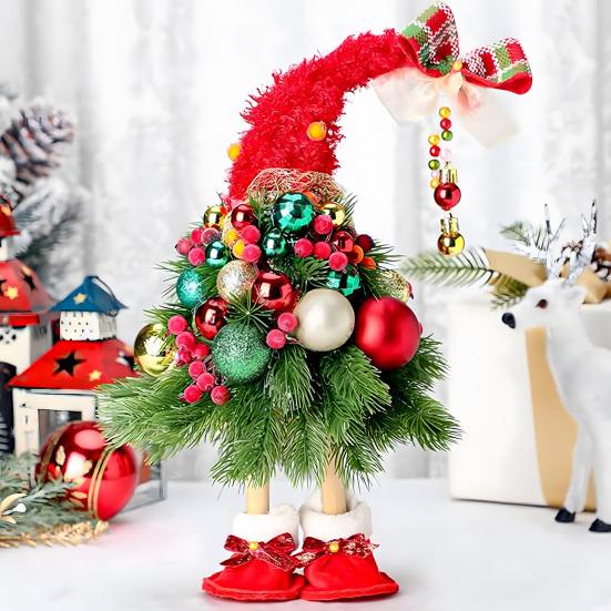 16 Inches Christmas Tree Gnome Figurine Handmade Small Dwarf Artificial Tree Table Decor with Ball Ornaments for Tabletop Indoor Home Decor