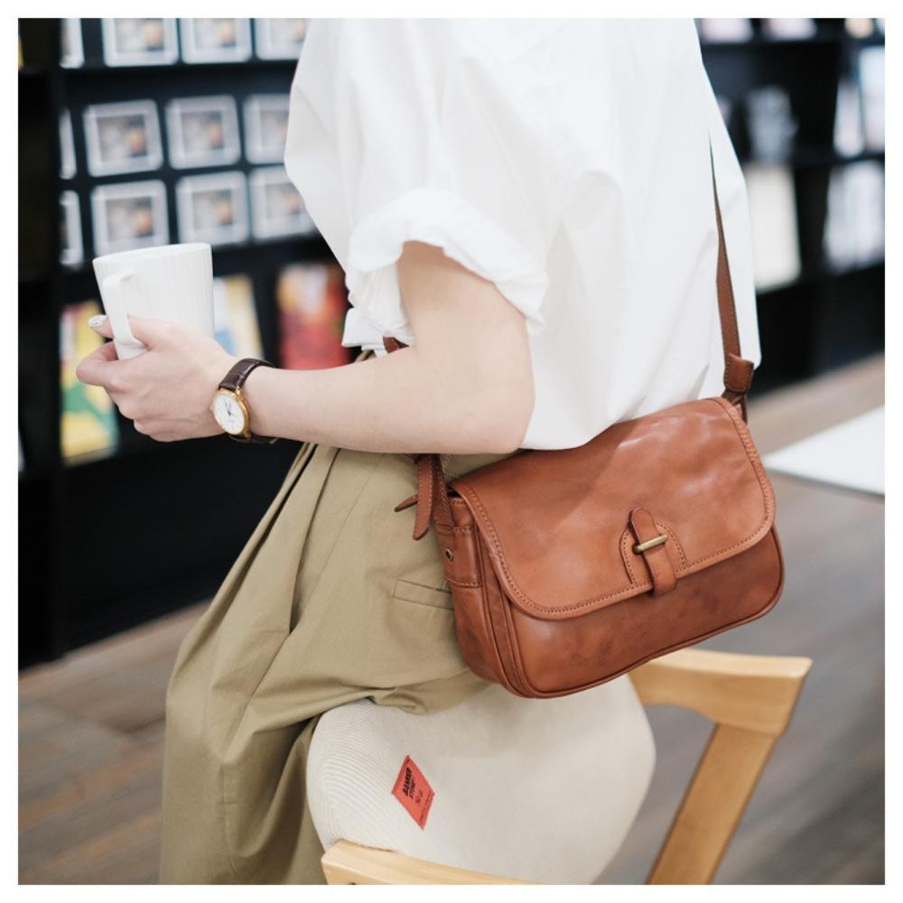 Textured Commuter Small Square Bag, Genuine Leather Retro Messenger Bag, Women's Cowhide Single Shoulder Japanese Mailman Women's Bag