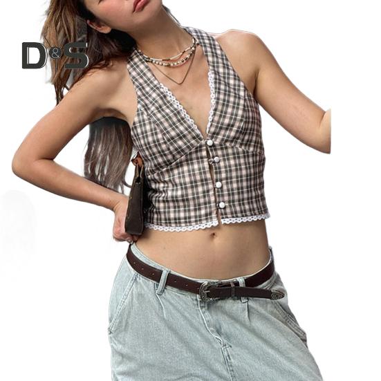 Sexy vesta Halter Šněrovací topy bez rukávů s odhalenými zády a kostkovaným vzorem s krajkovou dekorací Slim Fit Topy ve francouzském stylu