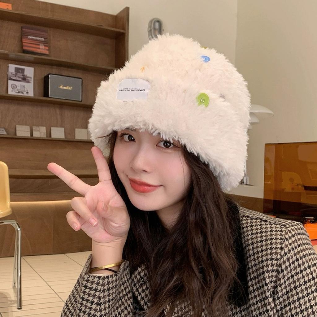 

New Button Hat for Women Autumn and Winter Plush Warm Knitted Fisherman Hat Cold Hat Large Head Circumference Woolen Hat Basin Hat average size