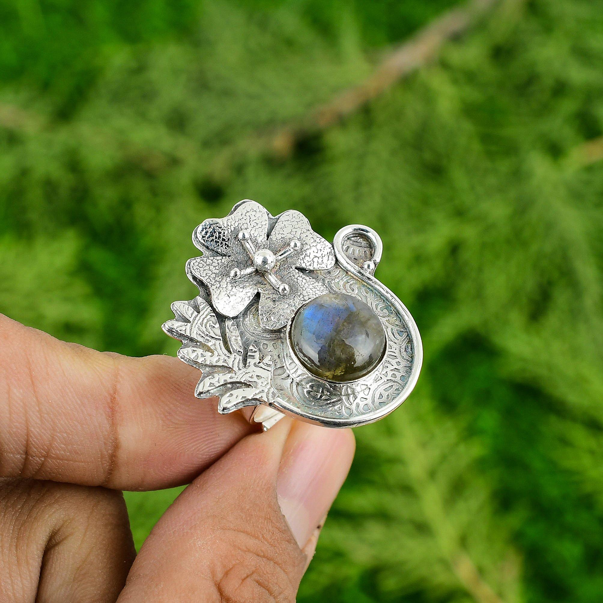 

Кольцо для жены из стерлингового серебра 925 пробы с лабрадоритом, ручной работы, с цветочным безелем Adjustable