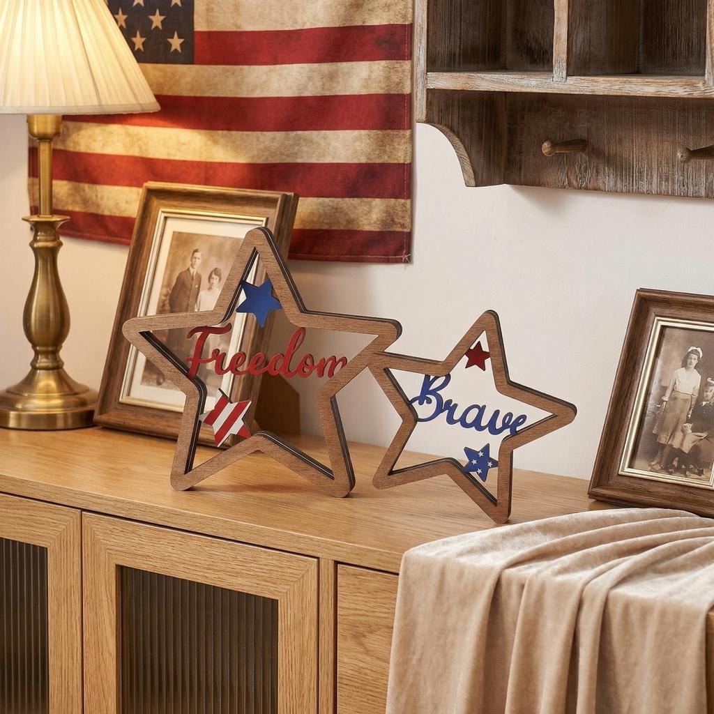 Amerikanischer Unabhängigkeitstag Holz-Fünfzackstern-Dekoration Und Mut-Thema Tisch- Und Festival-Mittelstück.