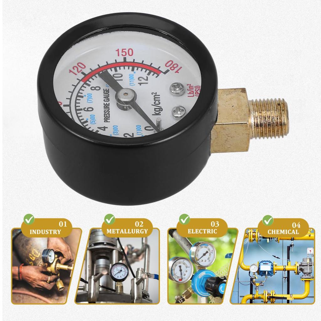 Jojofuny Air Compressor Pressure Gauge with Case, 0-12kg, High Accuracy, Brass Fittings, Bottom Mount Design, for Industrial and Home Use