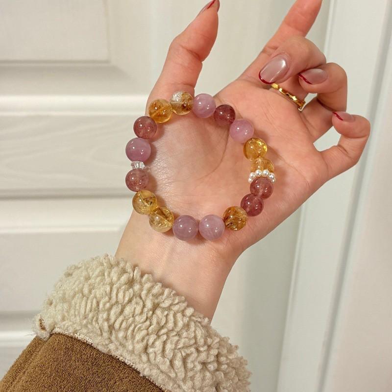 Womens Strawberry Citrine Rose Quartz Beaded Bracelet Dainty Crystal Jewelry Everyday Wear
