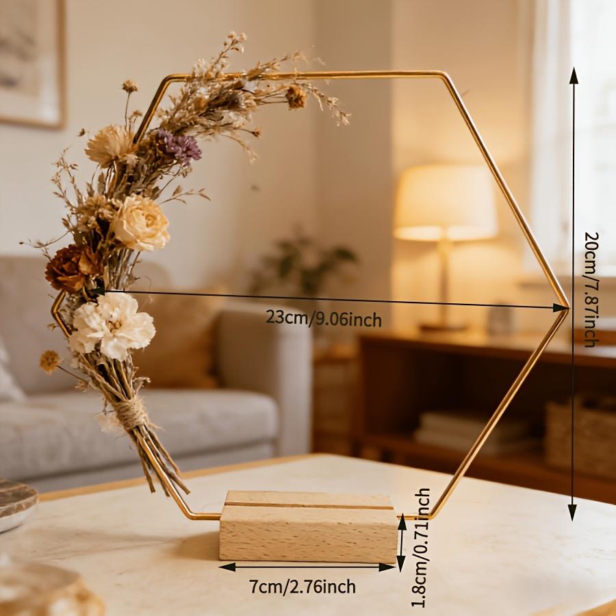 Bohemian-Style Hexagonal Golden Metal Flower Stand with a Natural Solid Wood Base, Suitable for Wedding Table Decor, Bridal Shower Decorations