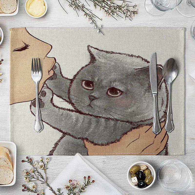 40x30cm Linen Cat Print Table Mat Cute Cat Cartoon Animal Pattern Placemats For Children Kids Kitchen Dining Place Mats Pads
