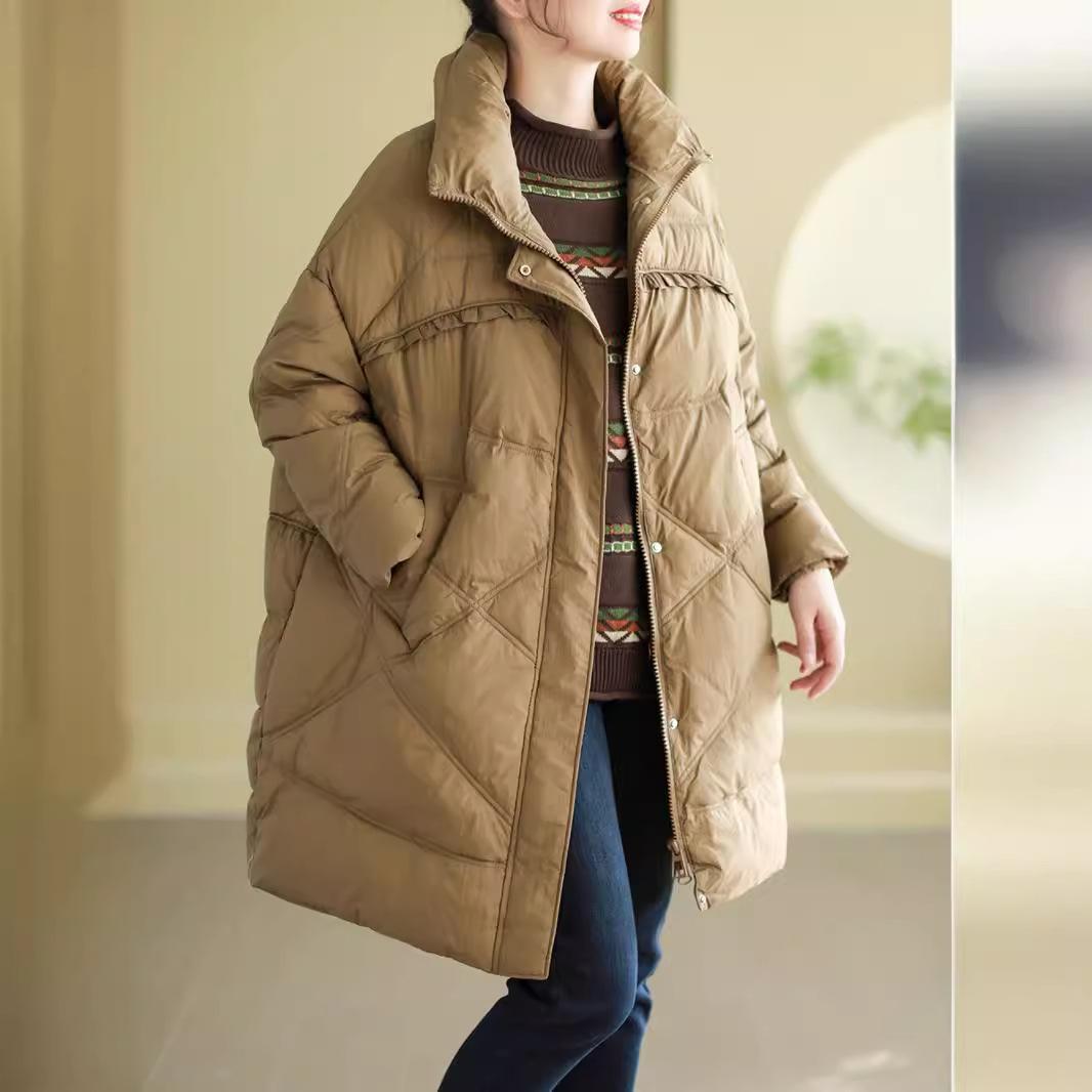 

2024 Осень и зима Новый белый утиный пух однотонный цвет грибковая кромка декоративный воротник стойка средняя и длинная свободная утолщенная женская куртка M кофейный