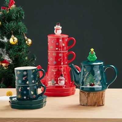 Vánoční keramické čajové soupravy Šálek na kávu a podšálek Santa Claus Los Sněhulák Čajová konvice a sada šálků Nápojové sklo Vánoční dárek 1 konvice 2 šálky