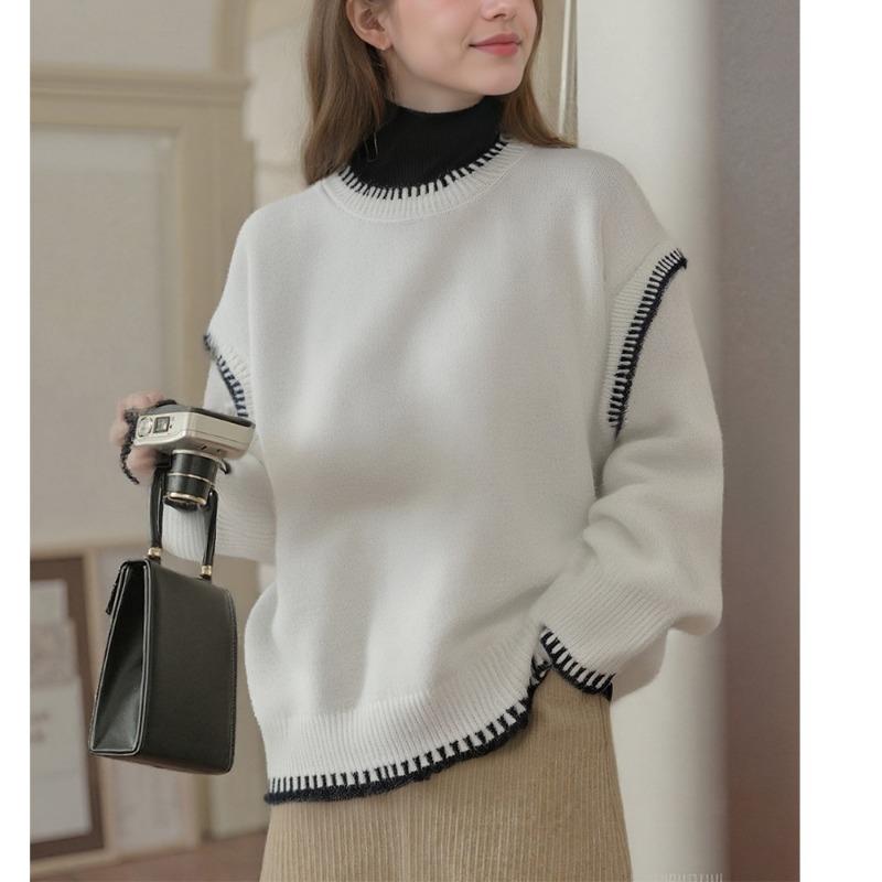Lazy wind contrasting color crew neck pullover women's autumn and winter new loose large size knitted sweater