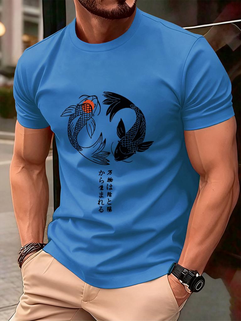 Japanese Koi Harajuku Printing Men TShirt Cotton Summer Short Sleeve Tops Soft Oversized ONeck T Shirt Casual Male Clothes