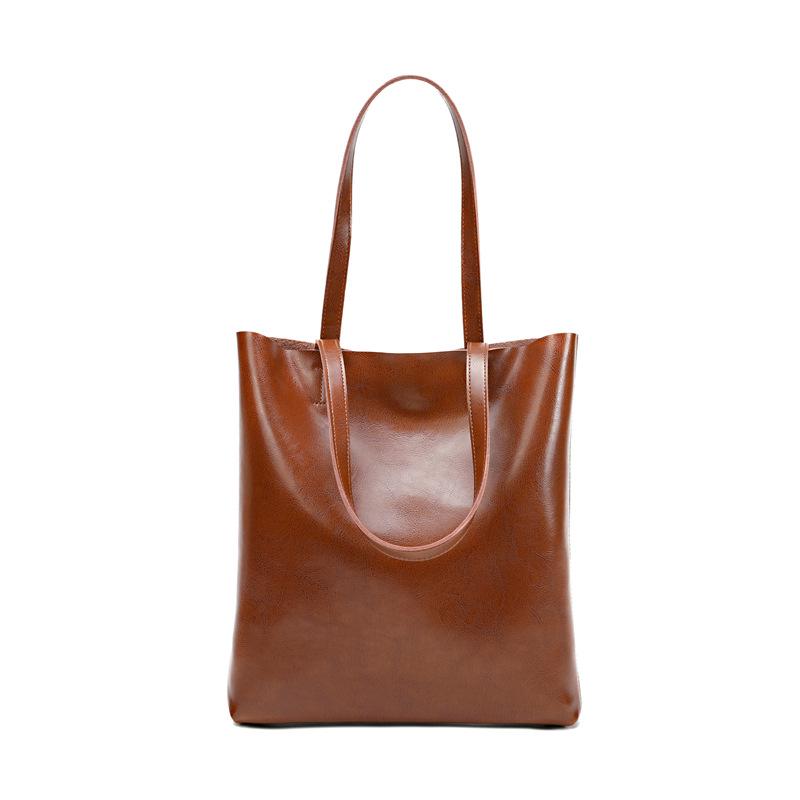 Vintage Oil Wax Cowhide Leather Tote Bag - Versatile Vertical Shoulder Handbag Briefcase for Women