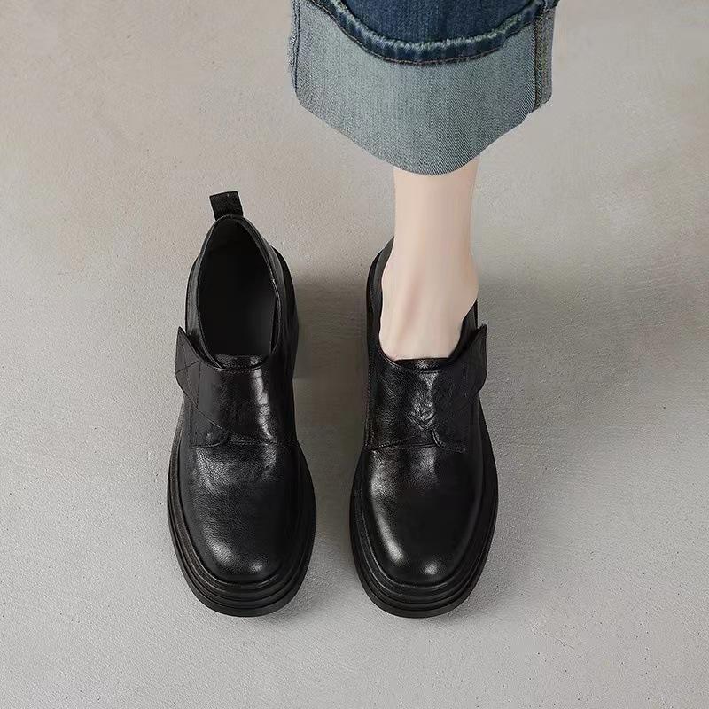 Sheepskin Version~ Retro Leather Velcro Thick Heel Small Leather Shoes Women's 2025 New High-heeled Loafers Round Head Single Shoes