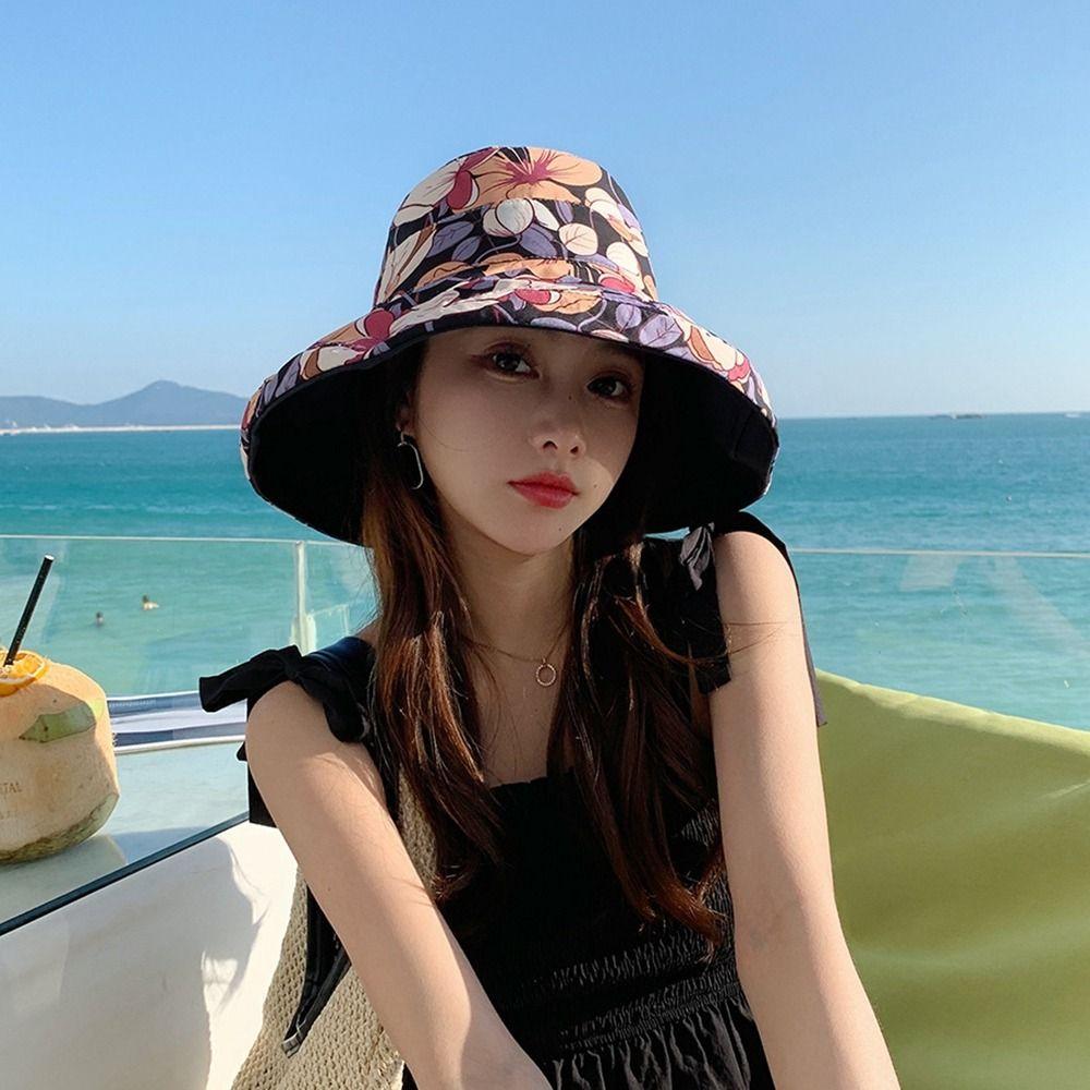 Double-Sided Summer Sun Hat Flower Print Sunscreen Visor Cap Casual Women Fisherman Hat Girl