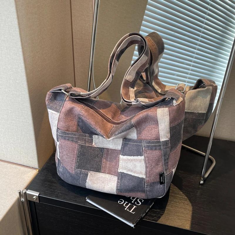 

Новая женская холщовая клетчатая контрастного цвета на молнии, модная повседневная универсальная сумка через плечо большой вместимости