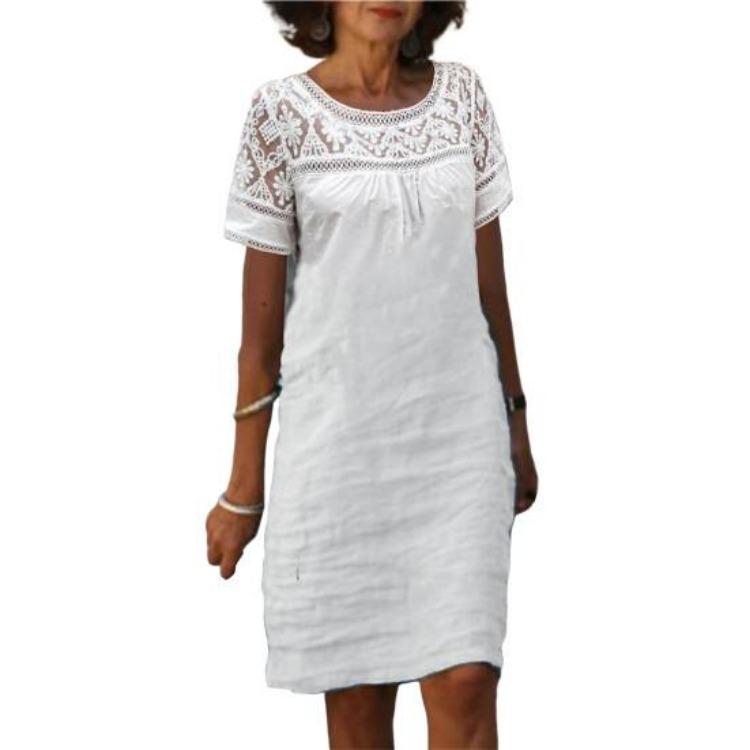 

Женские повседневные летние свободные хлопково-льняные мини-платья с коротким рукавом, круглым вырезом и кружевной отделкой, пляжные короткие платья S белый