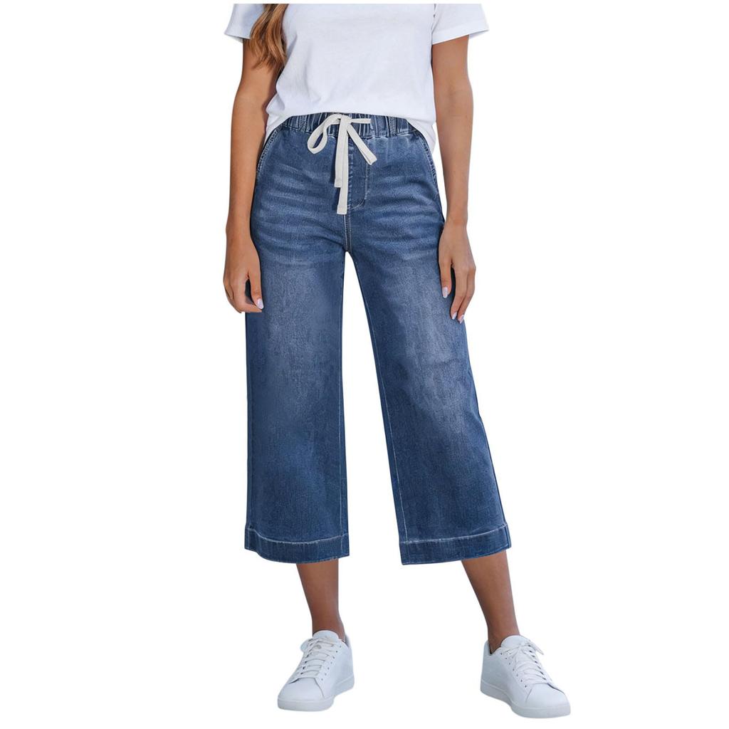 Women’s Denim Wide Leg Cropped Pants with Drawstring Waist Straight Fit Casual Seven Eighth Length Jeans for Everyday Wear