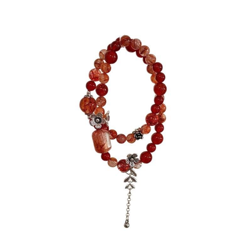 Handmade Red Agate Flower Quartz Double Wrap Bracelet Women Vintage Chinese Style Fashion Jewelry