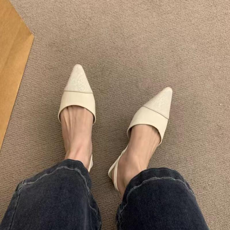 Elegant Women's Tweed Style Flats Low Heel Khaki Drill Cool Sandals Pointed Toe for Summer Warm Comfortable Rubber Upper