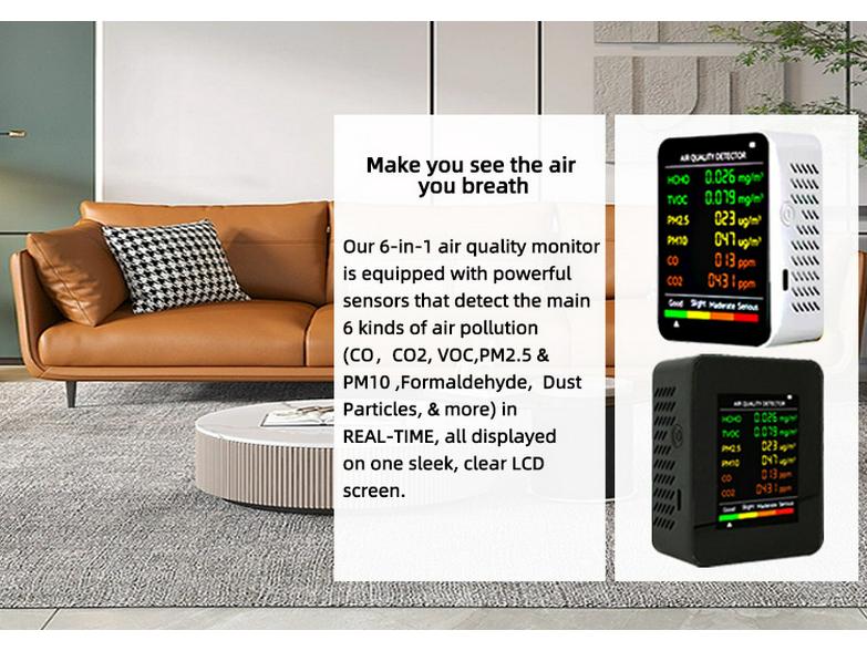 6-in-1 Air Quality Monitor: Formaldehyde, PM2.5, CO2, TVOC Detection