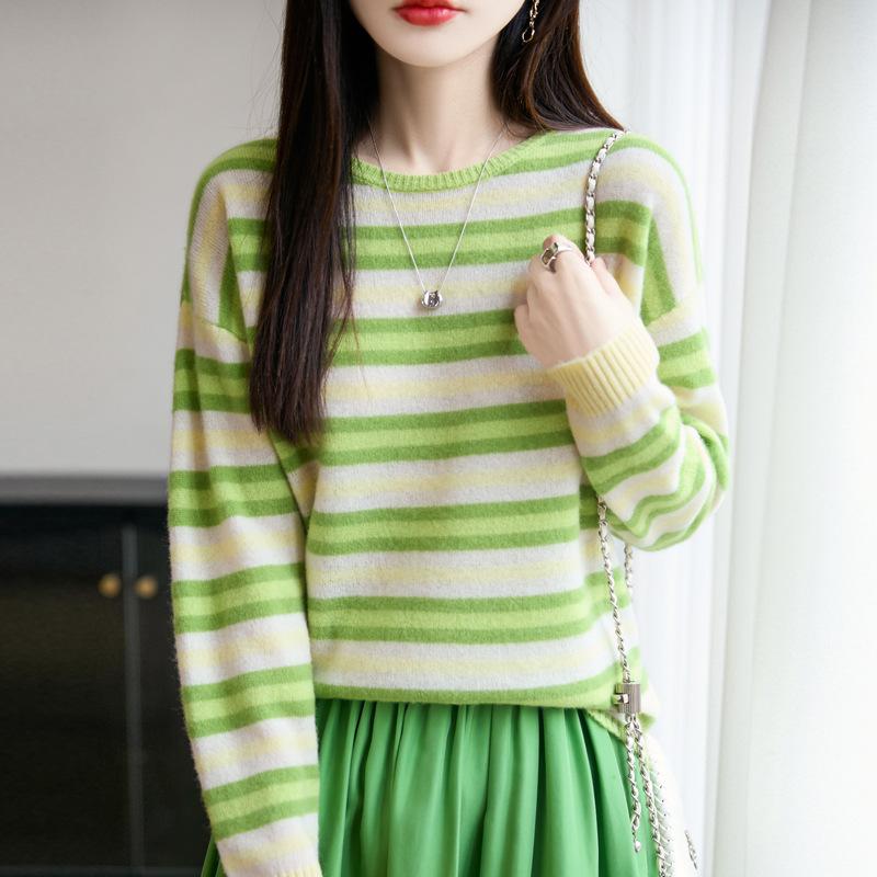 Autumn And Winter New Retro Japanese Lazy Style 100 Wool Sweater Pullover Bottoming Knitted Sweater Colored Striped Sweater Women