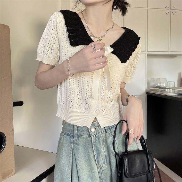 Doll Collar Hollowed-out Short-sleeved Knitted Cardigan for Women Sweet Scalloped Turnover Collar Short College-style Elegant Top In Summer