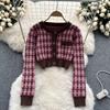 Süßes Mädchen Elegantes gestricktes 3-teiliges Set für Frauen Kurze Strickjacke Niedliche Weste Minirock Weiblicher Vintage Hohe Taille Plaid Partyanzug