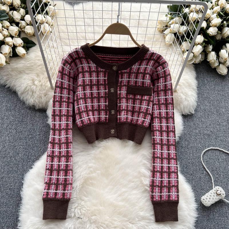 Süßes Mädchen Elegantes gestricktes 3-teiliges Set für Frauen Kurze Strickjacke Niedliche Weste Minirock Weiblicher Vintage Hohe Taille Plaid Partyanzug
