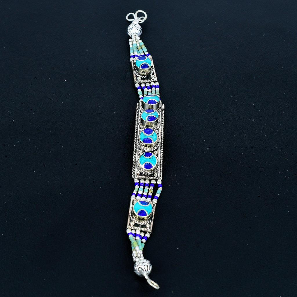 Lapislazzuli , Turchese Argento Sterling 925 Argento Tibetano Bracciale Fatto a Mano Bracciale Gioielli Asiatici Nepal Bracciale Imponente Gioielli Charm Baho