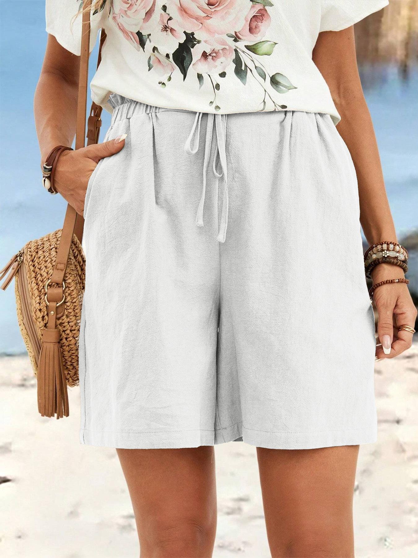 

Women s new spring and summer linen important solid color casual sports five-point pants elastic belt drawstring summer shorts S белый