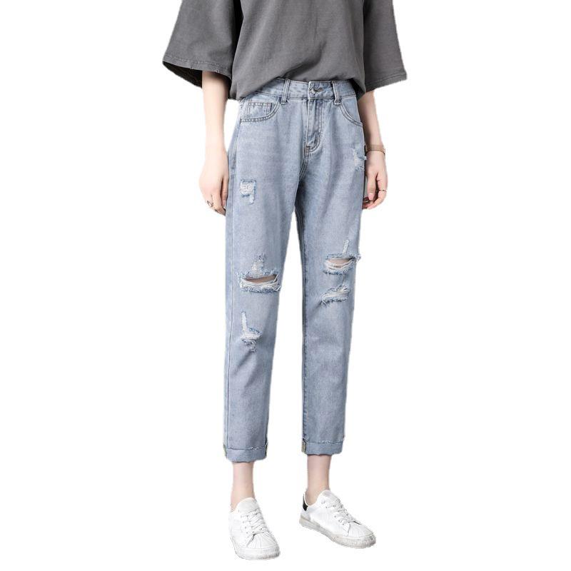 Ripped Nine Point Jeans Women's Loose Summer Thin Section High Waist Straight Pants