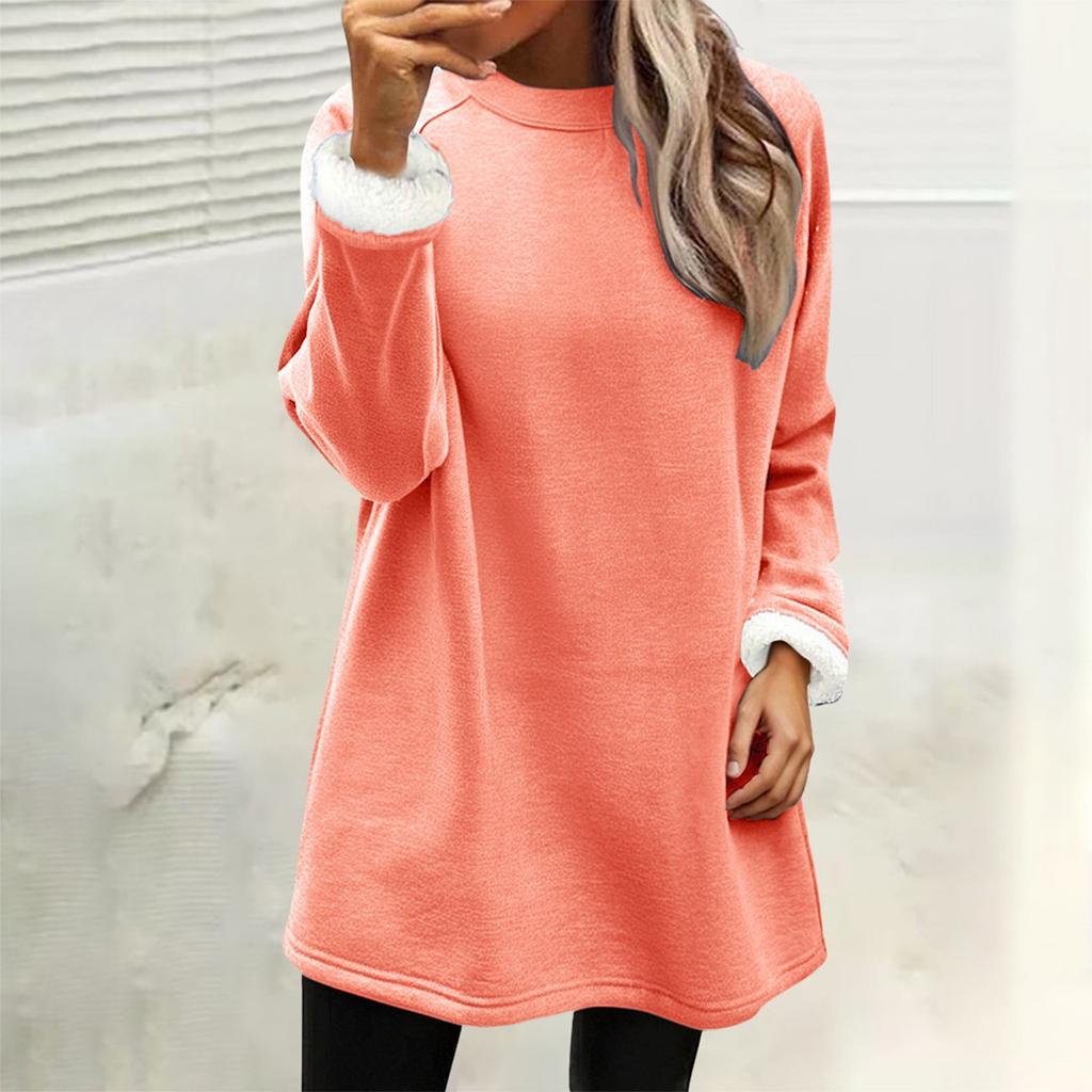 Women's Solid Fleece Lined Sweatshirt Dress Crew Neck Long Sleeve Loose Warm Casual Home Wear Winter Mini Dress