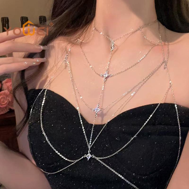 Sexy Fashion Rhinestone Round Beads Waist Chain Beach Bra Bikini Chest Chain Zircon Tassel Women Body Chain Jewelry Accessories