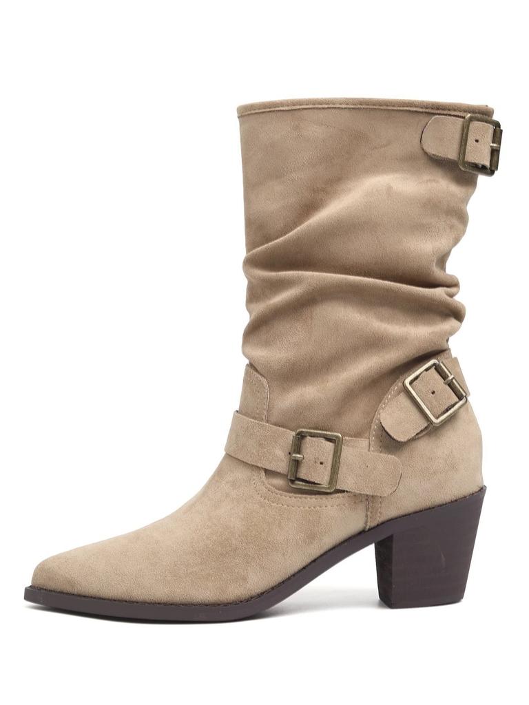 French Retro Pointed Thin Boots New Stacked Versatile German Autumn and Winter Boots Belt Buckle Pleated Thick Heel Short Boots Women
