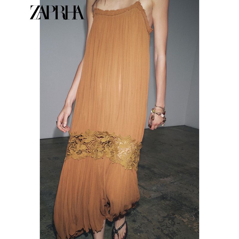 Zaprha 2025 Summer New French style Retro Advanced Wrinkle Embroidery Patchwork Sling Dress 5107269