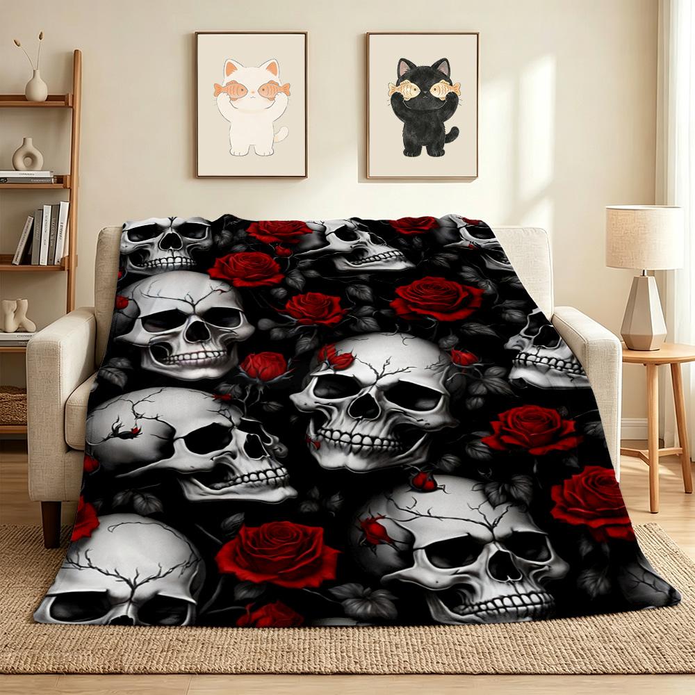 Skulls Roses Flannel Blanket Throw Blanket Soft Warm Sofa Bed Camping Car Home Decor Unique Christmas Gift C9301270