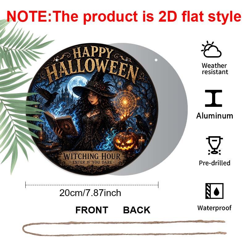 Happy Halloween Witching Hour Witch Crow Pumpkin Metal Wall Art 7.87x7.87 / 11.81x11.81 Inch Round Aluminum Sign for Home Garden Halloween Wall Decor