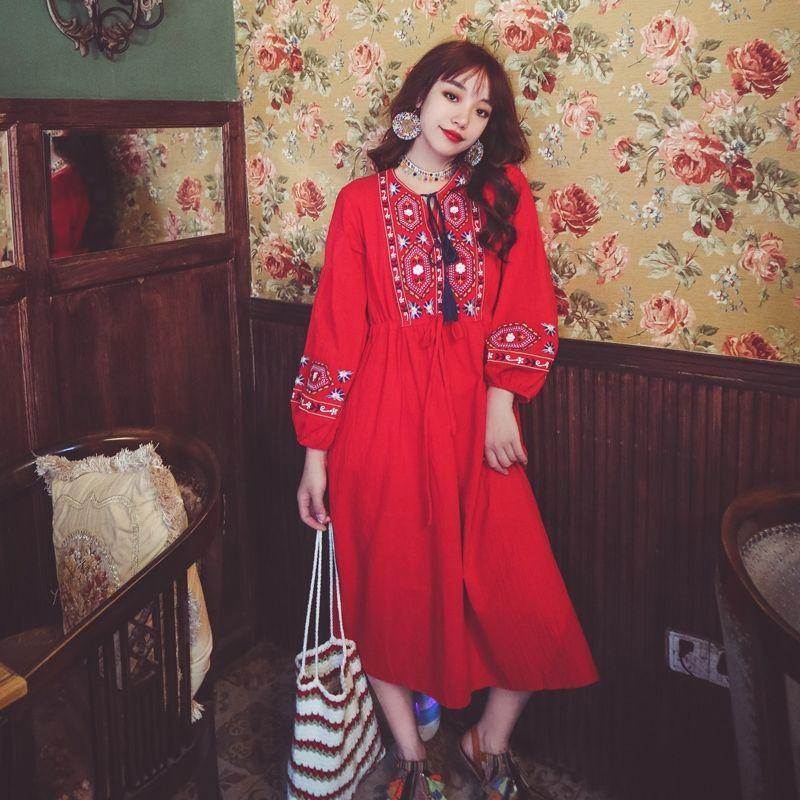 

Xizang Yunnan long dress embroidered cotton and linen white dress vacation travel dress super fairy travel women s new 2xl 72.5-82.5kg червоний