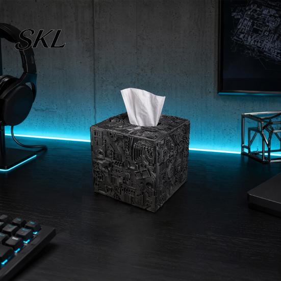 Purple Tissue Box Sci-fi Theme Box, with Smooth Paper Extraction, Large Capacity Cubic Design Matte Gray Holder Organizer, Hard Shell Durable Desktop