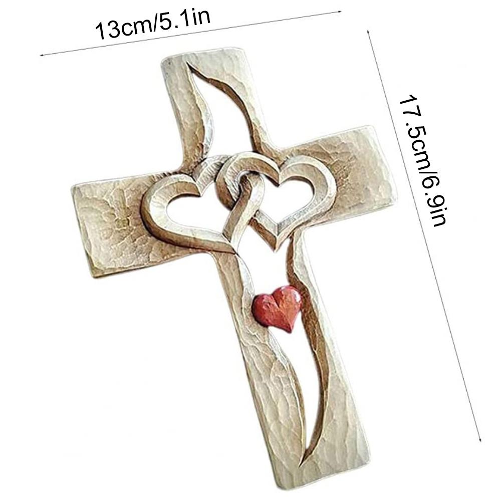 Carved Cross Intertwined Hearts Love Wooden Cross Hand Carved Design for Wall Hanging Home Living Room Decor