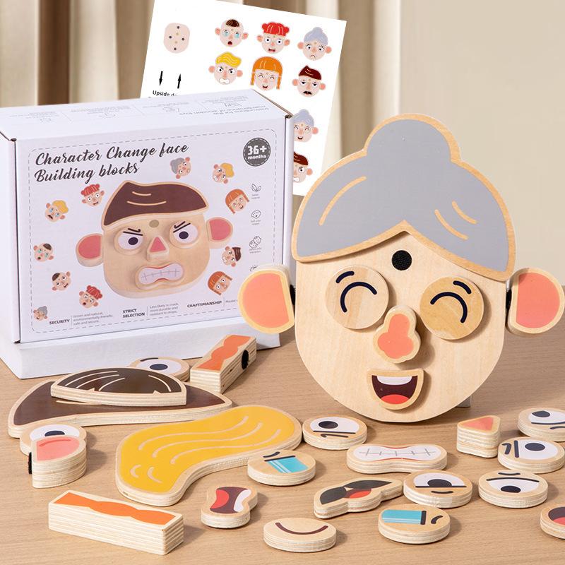 Kreative Kinder Holz Tier Klettverschluss Gesicht-Veränderungs-Puzzle Spielzeug Baby Früherziehung Kognitives Puzzle Baustein-Puzzle