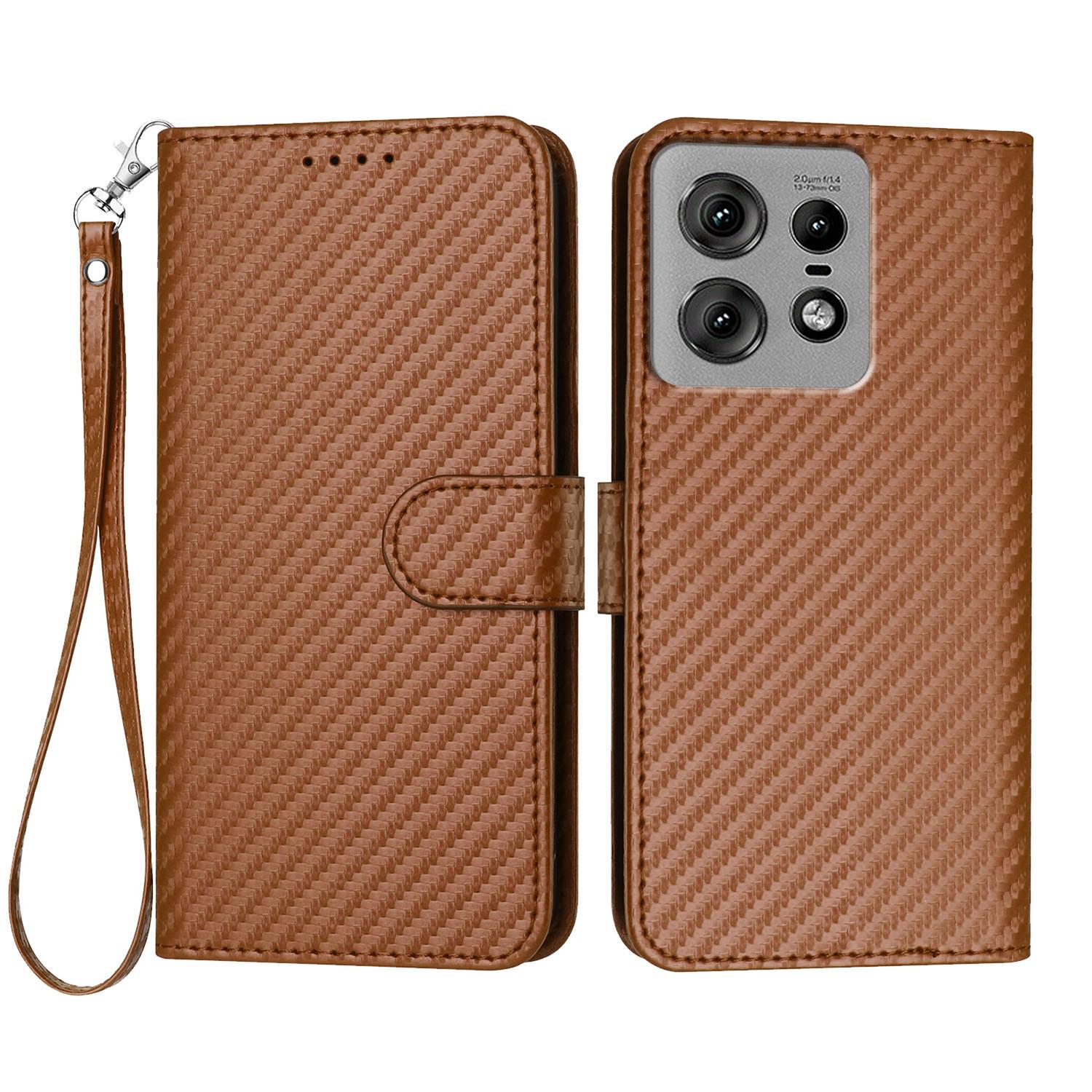 

For Motorola Edge 50 Pro 5G Wallet Case with Strap Carbon Fiber Texture Leather Mobile Cover Coffee