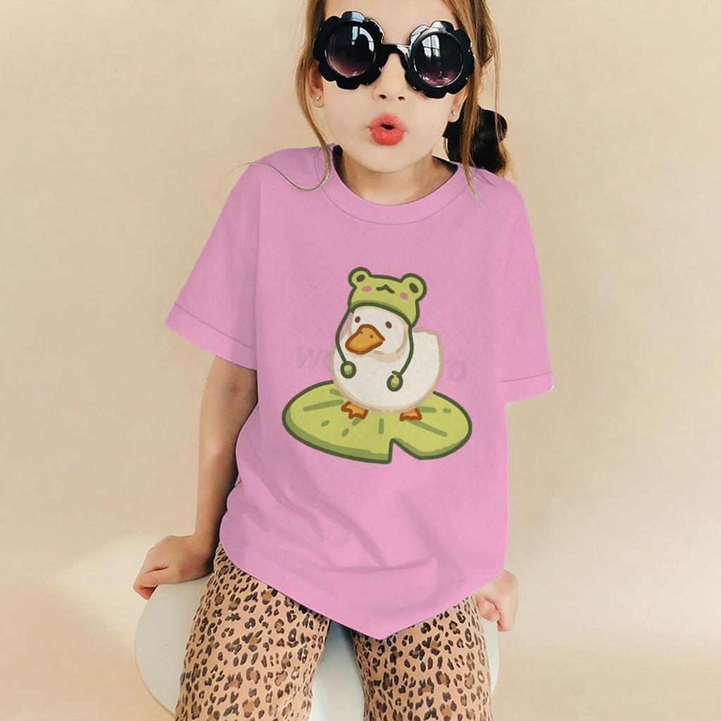 Duck In Frog Hat Cartoon Tshirts for Girl Boy Cute Duck Graphic Casual Tops Kawaii Animal Tee Cute Duck Design Toddler Wear