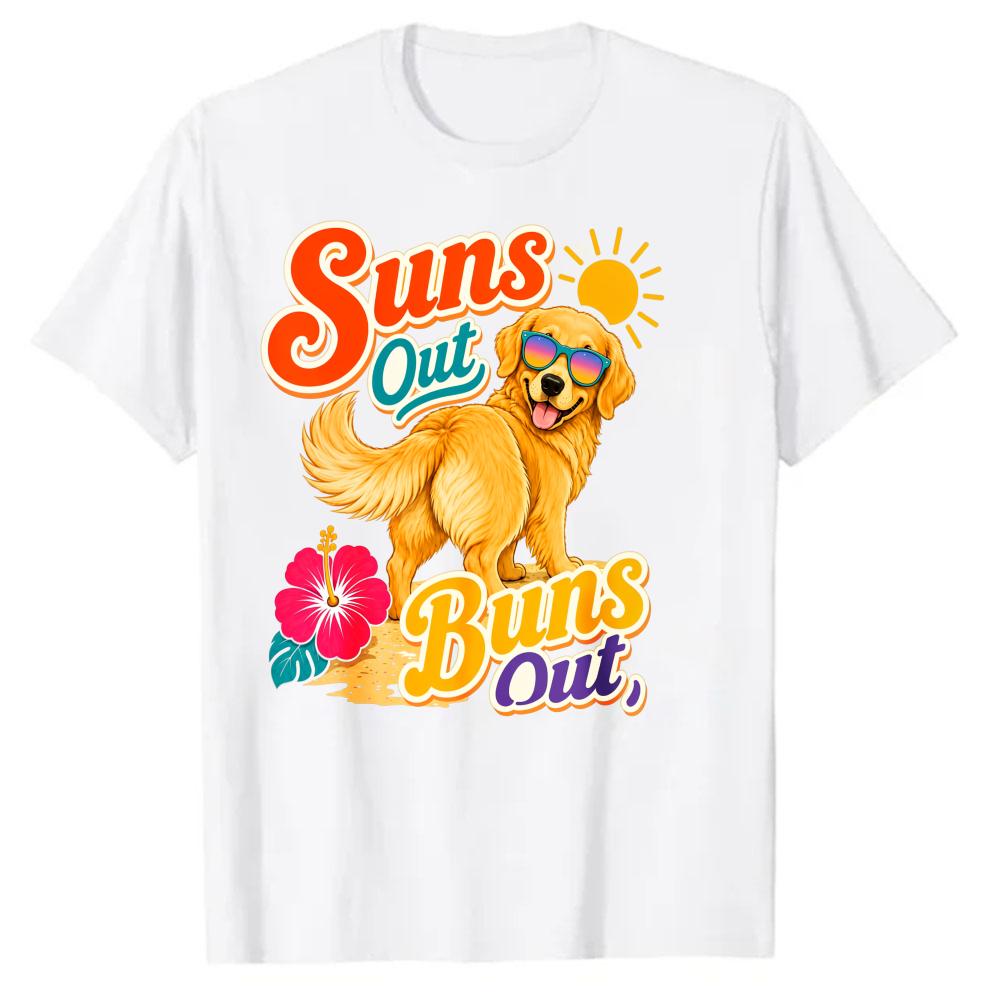Summer Golden Retriever Dog Graphic T Shirt Suns Out Buns Out Funny Beach Tee Tropical Hibiscus Sun Print Crew Neck Oversized