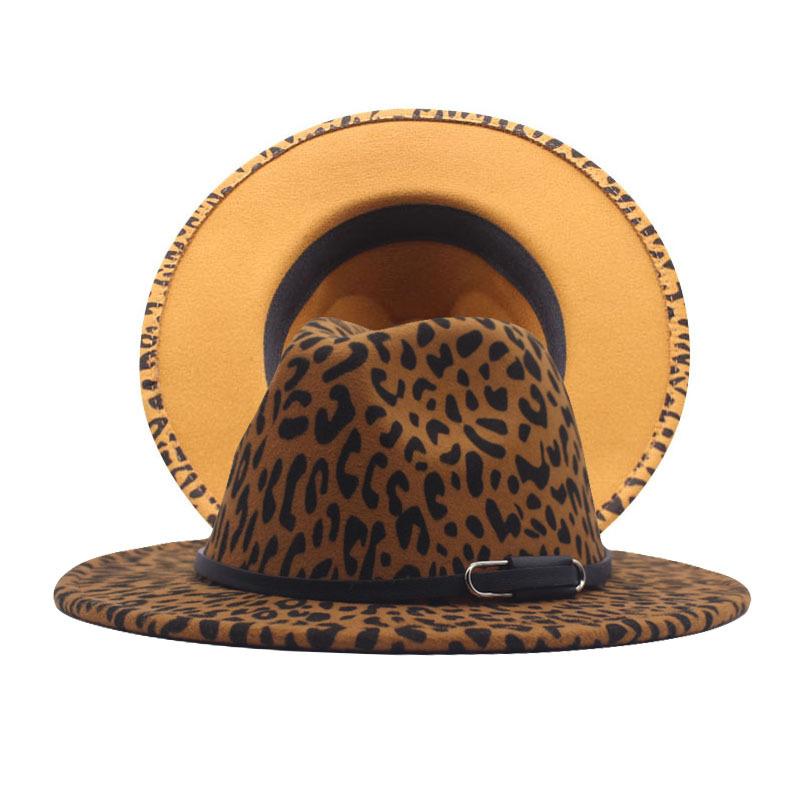 Autumn and winter British style men and women double-sided color matching leopard print woolen jazz hat new fashion belt big eaves hat