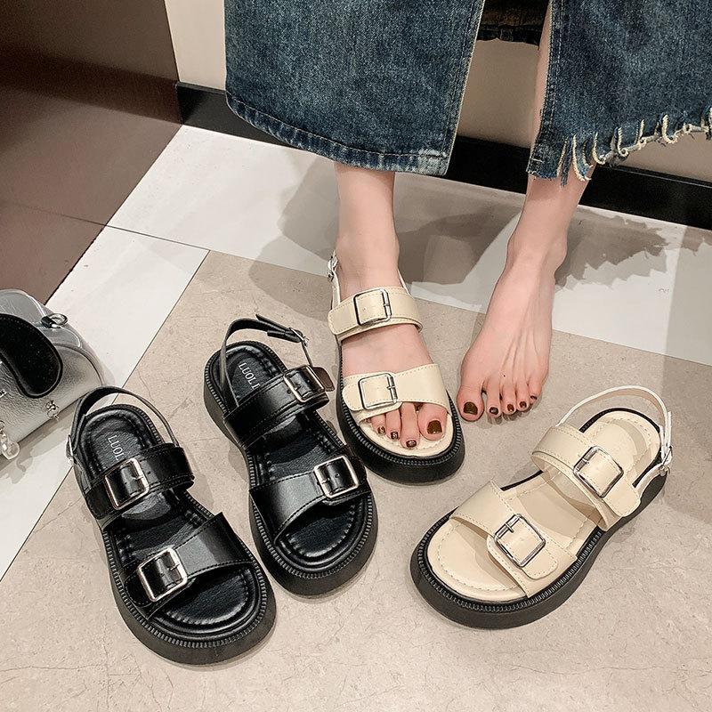 Muffin thick-soled one-word sandals women's summer new belt buckle versatile student casual Roman shoes