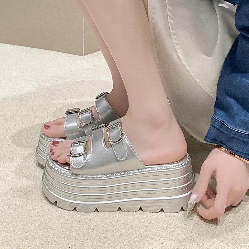 Fashion 8.5cm Microfiber Synthetic Leather Flats Summer Outside Peep Toe Fashion Women Sandal Slippers Pumps High Platform Wedge Shoes